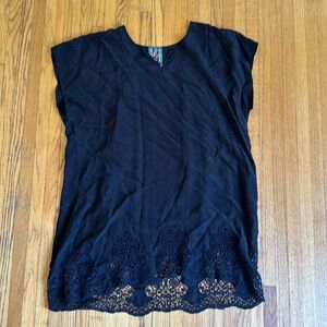 Johnny Was Black Embroidered Tunic Dress Crochet Hem Boho XL